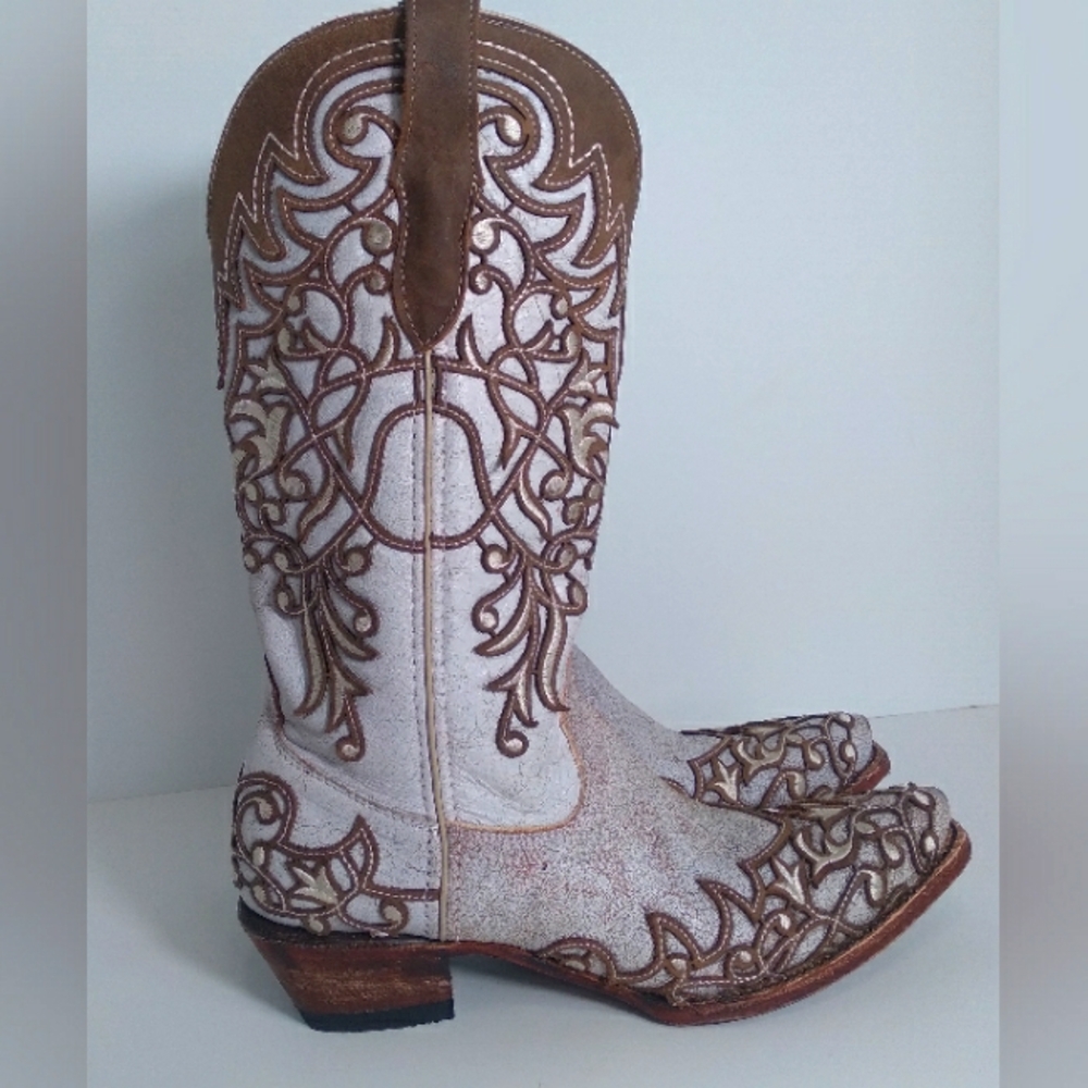 Ferrini Womens Ivy Snip Toe Mid Calf Brown/ Off White Western Boots- Size 9 - Picture 6 of 11